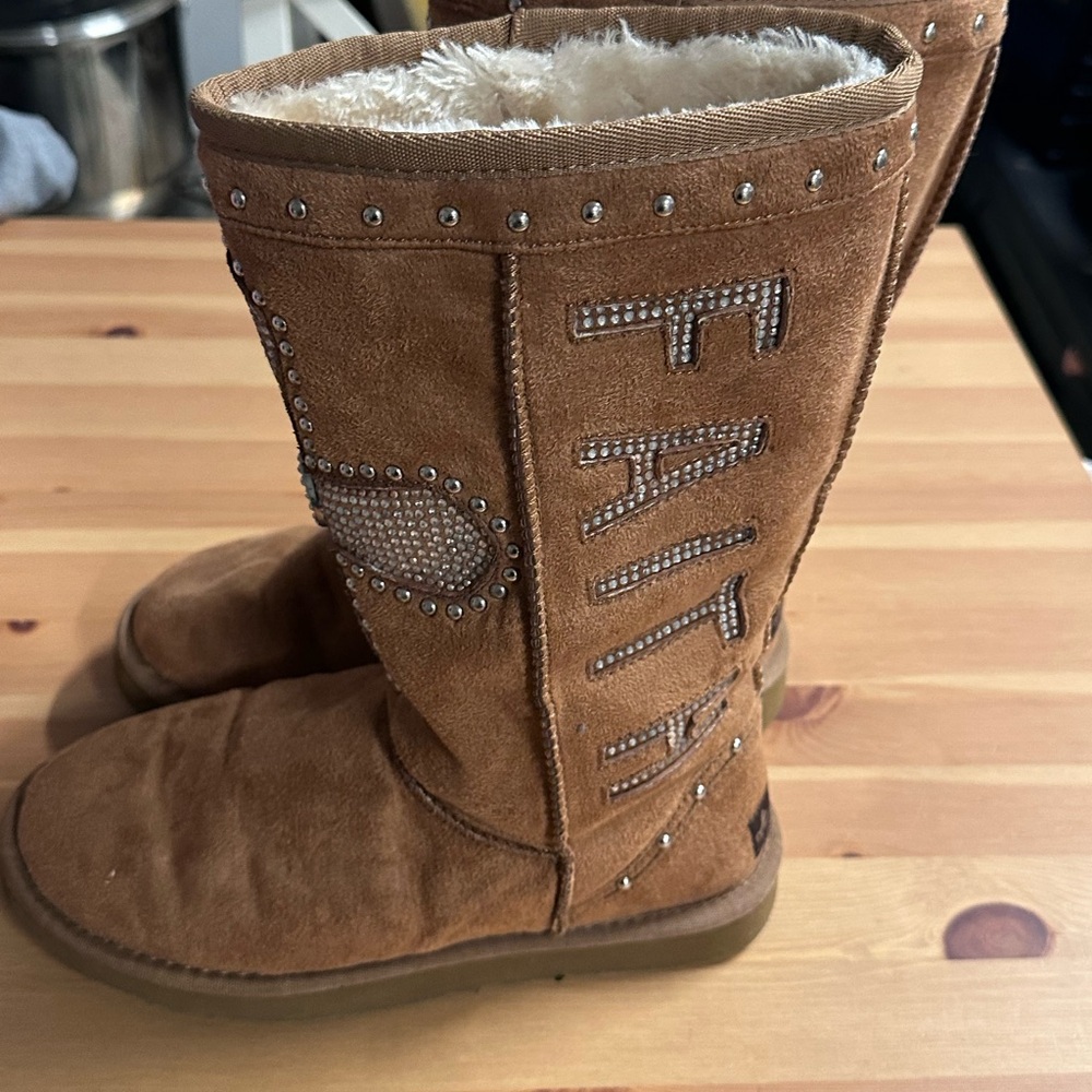 Brown Suede Embellished Women's Boots (use) - Picture 2 of 7